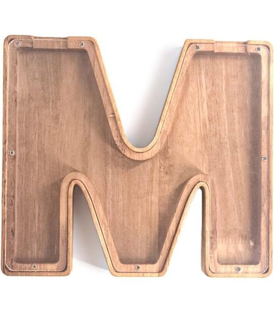 Alphabet Initial M Unbreakable Wood Wooden Letter Piggy Bank for Kids