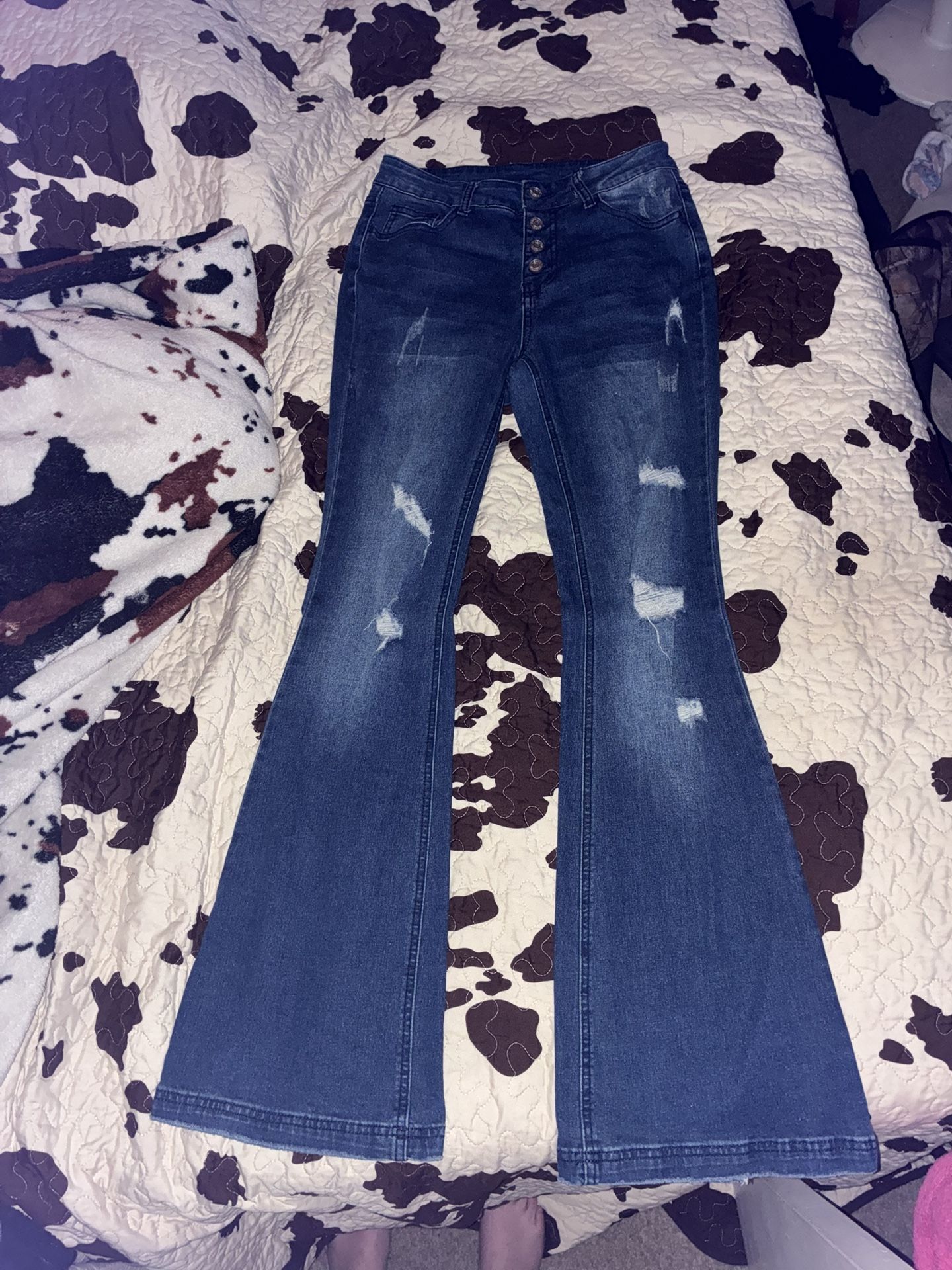 Flare Bottom Distressed High Waisted Jeans