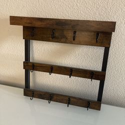 Book Key Leash Shelf on top with 12 Hooks Wall Door Hanger Brown