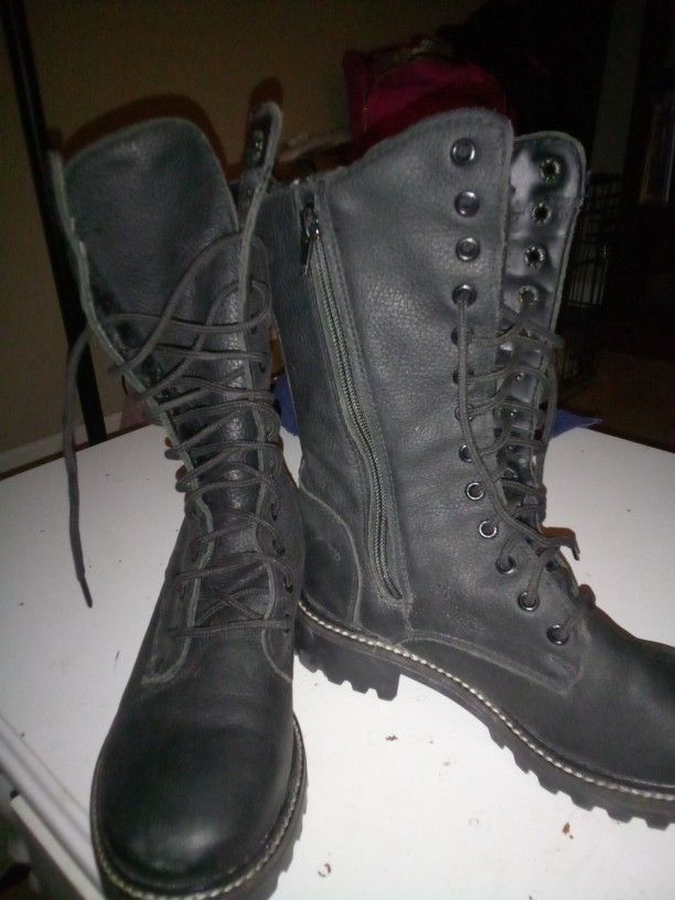 Brand New Martino 7.5 All Leather Black Combat Style Mid  Calf Boots