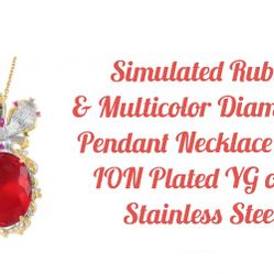 Simulated Ruby & Diamonds Butterfly Necklace, ION Plated YG