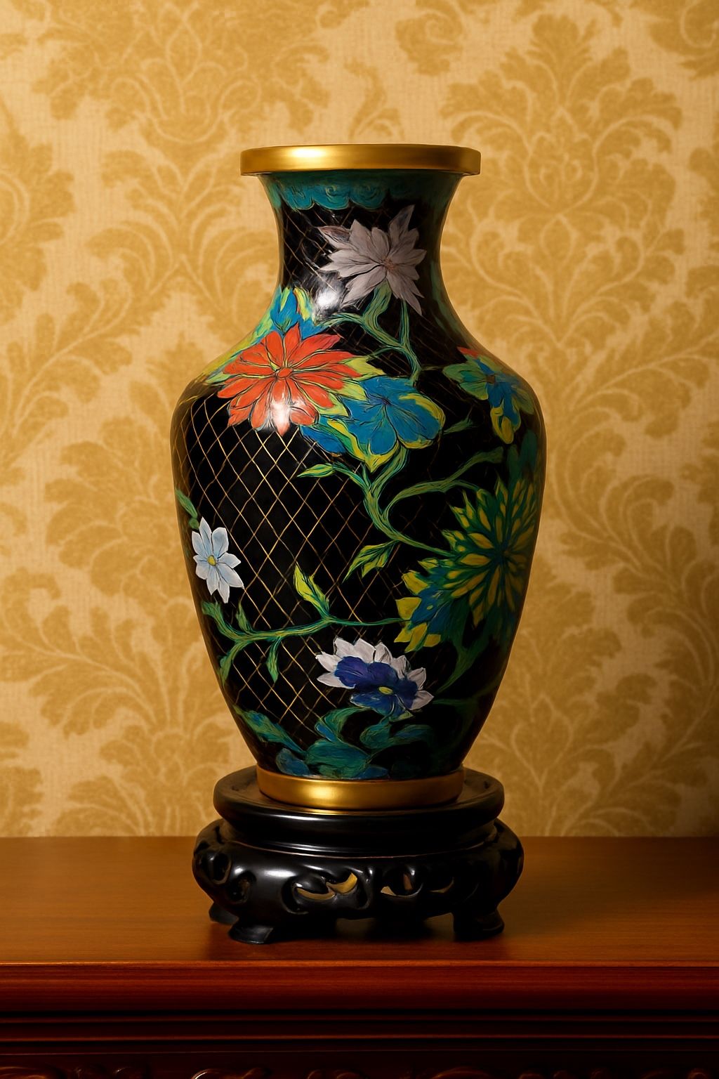 Chinese 1950s Black Cloisonné Vase Chrysanthemum Pattern Black Base 2.25x7.75”