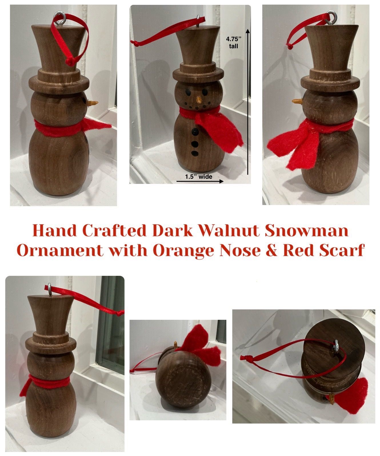Hand Crafted Dark Walnut Snowman Ornament with Orange Nose & Red Scarf