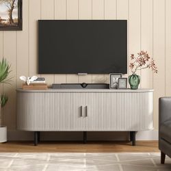55" TV Stand with Power Outlet for TVs up to 60 Inch, Entertainment Center with Storage and Adjustable Shelves, Modern Media Console with Sliding Door