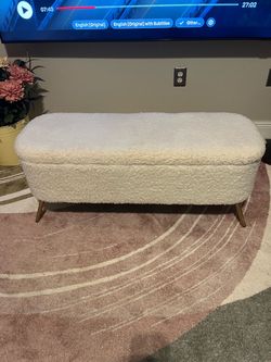 Cream Boucle Storage Bench with Gold Legs