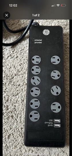 GE 10-Outlet Surge Protector Power Strip w/ 2 USB, 6.6-8 ft, Black