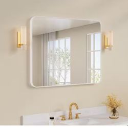 WELLFOR Bella 40 in. W. x 32 in. H Rectangular Aluminum Framed Wall-Mounted Bathroom Vanity Mirror in White=Pal-34