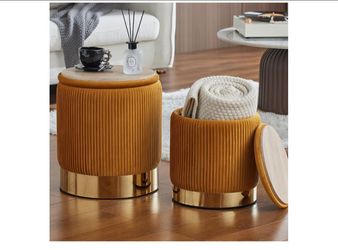 Round Ottoman with Storage Set of 2 Small Ottoman Coffee Table, Vanity Chair Foot Stool