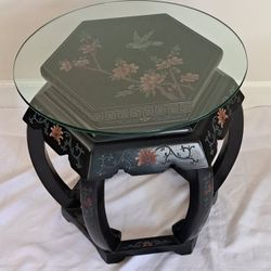 Chinese Wooden Inlay Lacquered Stool or Side Table Hexagon Vintage