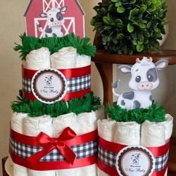 2 BLACK RED WHITE farm themed diaper cakes