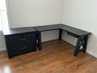 2 Piece Set Living Spaces Jaxon Black Brown L Shaped Desk w/ Drawer + File Cabinet Solid Wood Table