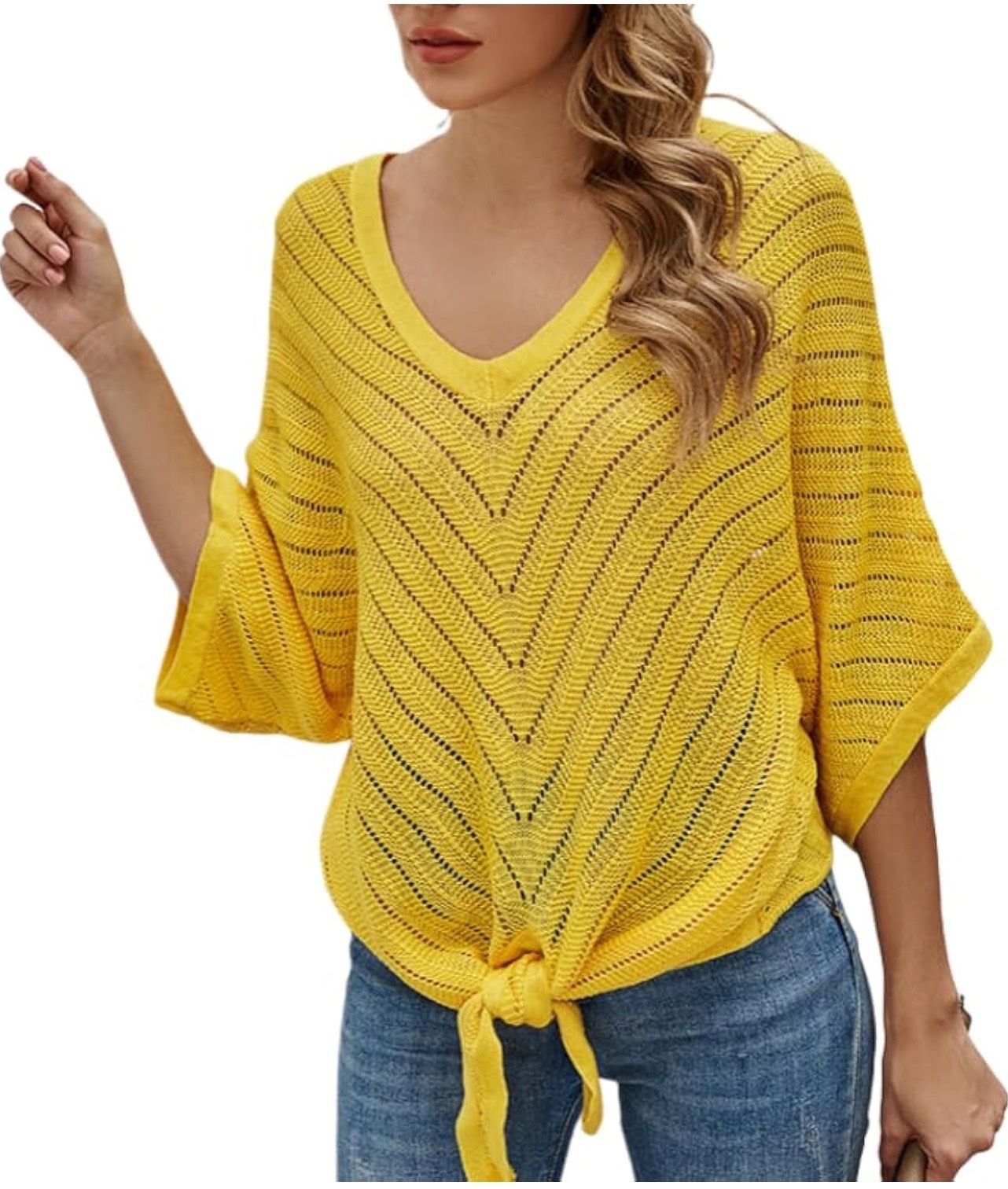 L size Women's Crochet Long Sleeve Top Wide Crew Neck Butterfly Sleeve Hem Tie Design Coverup for Women Bathing