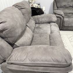 Grey Micro Fiber Couch, Plus Love Seat, And Marble Table