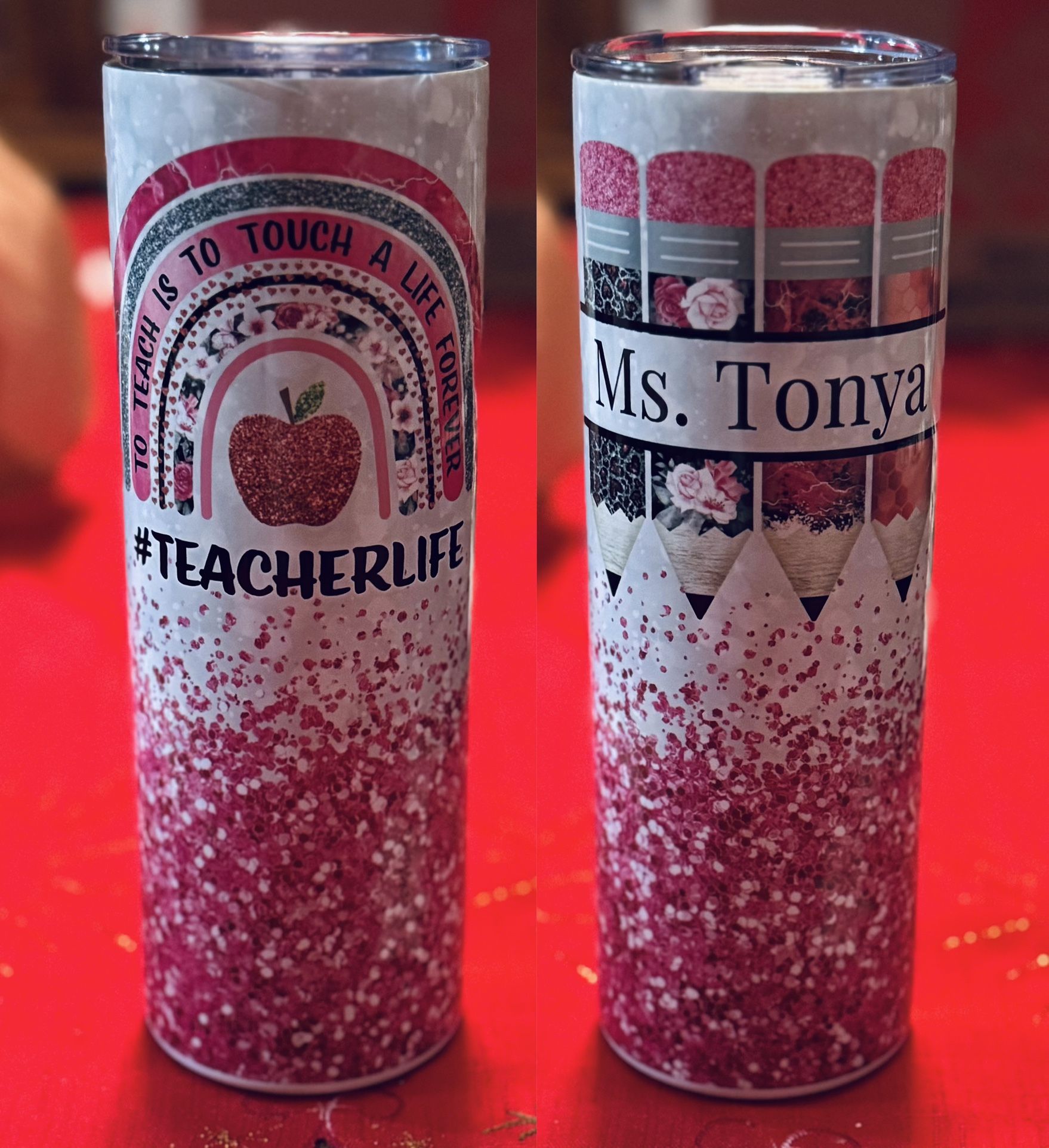 Personalized Teacher 20 oz Tumbler Pink Glitter 