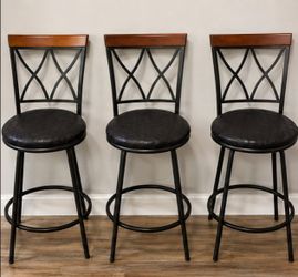 3 Wood & Black Metal Rotating Barstools