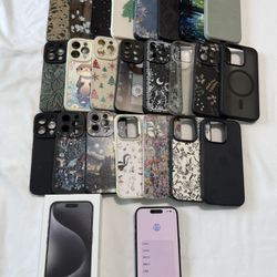 iPhone 15 Pro Unlocked 128GB Black Titanium with 23 cases and original box