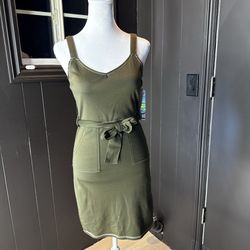 Olive Green Tie Waist Mini Dress | Pockets | Size S | NWT