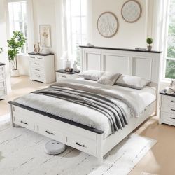 JXQTLINGMU Farmhouse King Wood Bed Frame with 52" Tall Headboard & Footboard, Platform Bedframe with Hidden Storage Drawers, Noiseless, No Box Spring 
