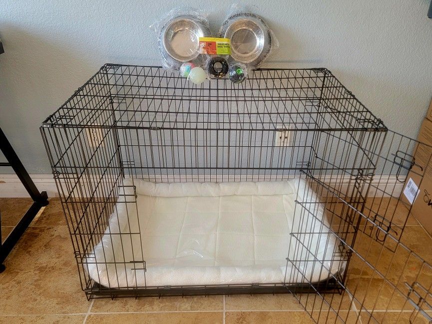 New IN Box! L'xl Dog Crate 2 Doors With Tray Up To 70lbs Folding Puppy Dog Kennel Animal Cage Add A Bed For $15