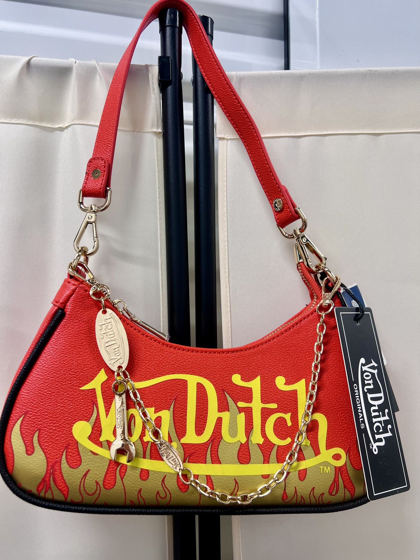 Von Dutch Red Shoulder Bag With Flames & Charms NEW