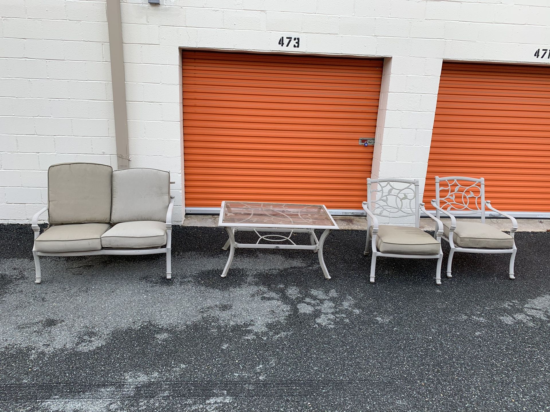 Hampton Bay patio set bench, 2 chairs, and a table w/ cushions OBO