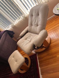Leather Reclining/Swiveling Armchair and Ottoman