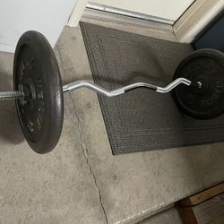 Pair Of Vintage Weider 50 Lbs (23kg) Barbell Plates Plus Chrome Curling Bar, 1” Hole