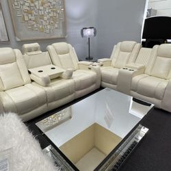 3pcs Creamy White Power Recliner Sofa Set with Storage Console/Cup Holders/USB Ports
