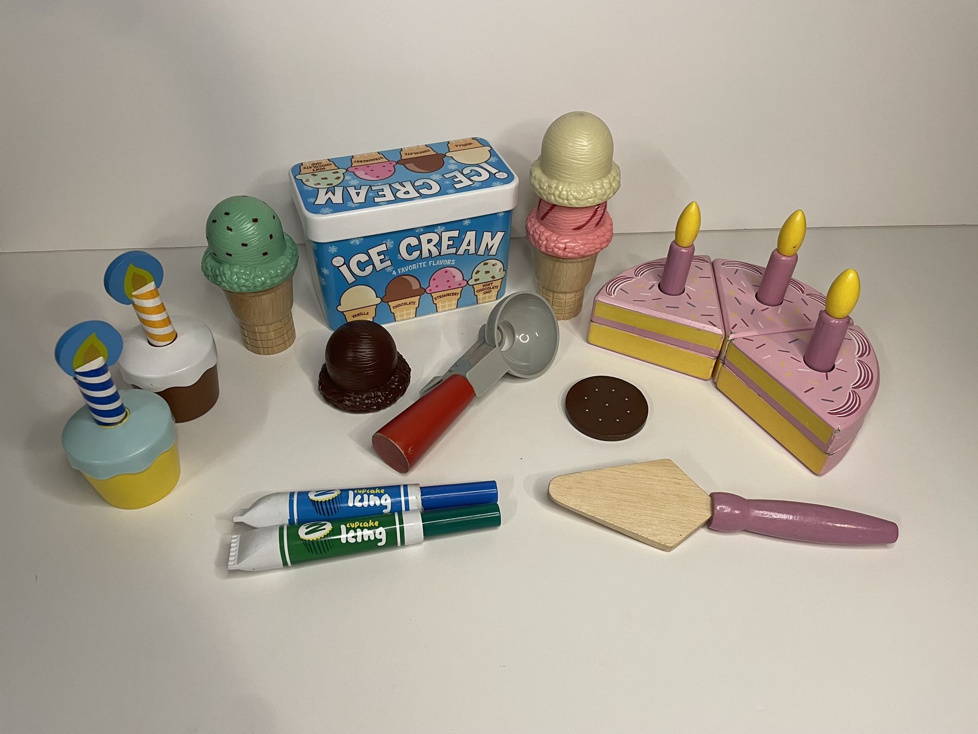 Wooden Play Pretend Cake, ice cream, and cupcakes