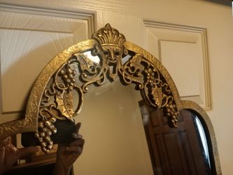 Mid Century Gothic Brass Mirror, Early 1900 Art Deco Oscar Bach Style. Eye catcher, very unique find