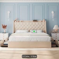 Tan bed with storage underneath