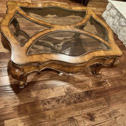 Wood Burl Table With Beveled Glass