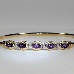 10K Yellow Gold Amethyst & Diamonds Bangle Bracelet 