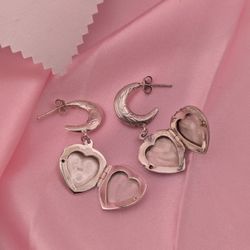 Sterling Silver 925  Etched Moon & Heart Locket Earrings 