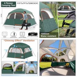 6 Person Camping Tents, Waterproof Windproof Family Tent with Larger Mesh Windows & Door, Double Layer, Easy Set Up, All-Season Dome Tent with Top Rai