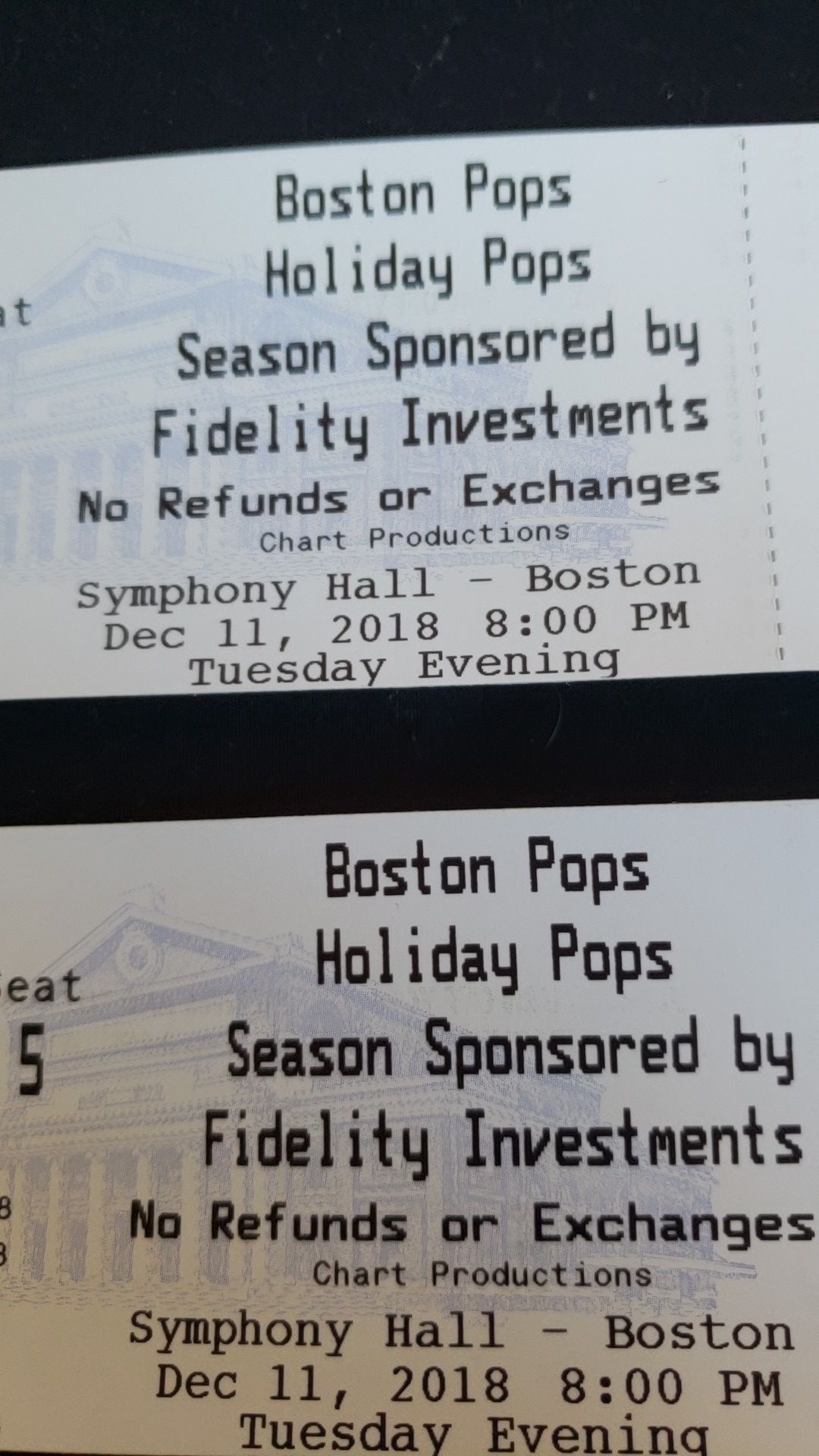 2 tickets to Boston Pops Holiday Pops on 12/11