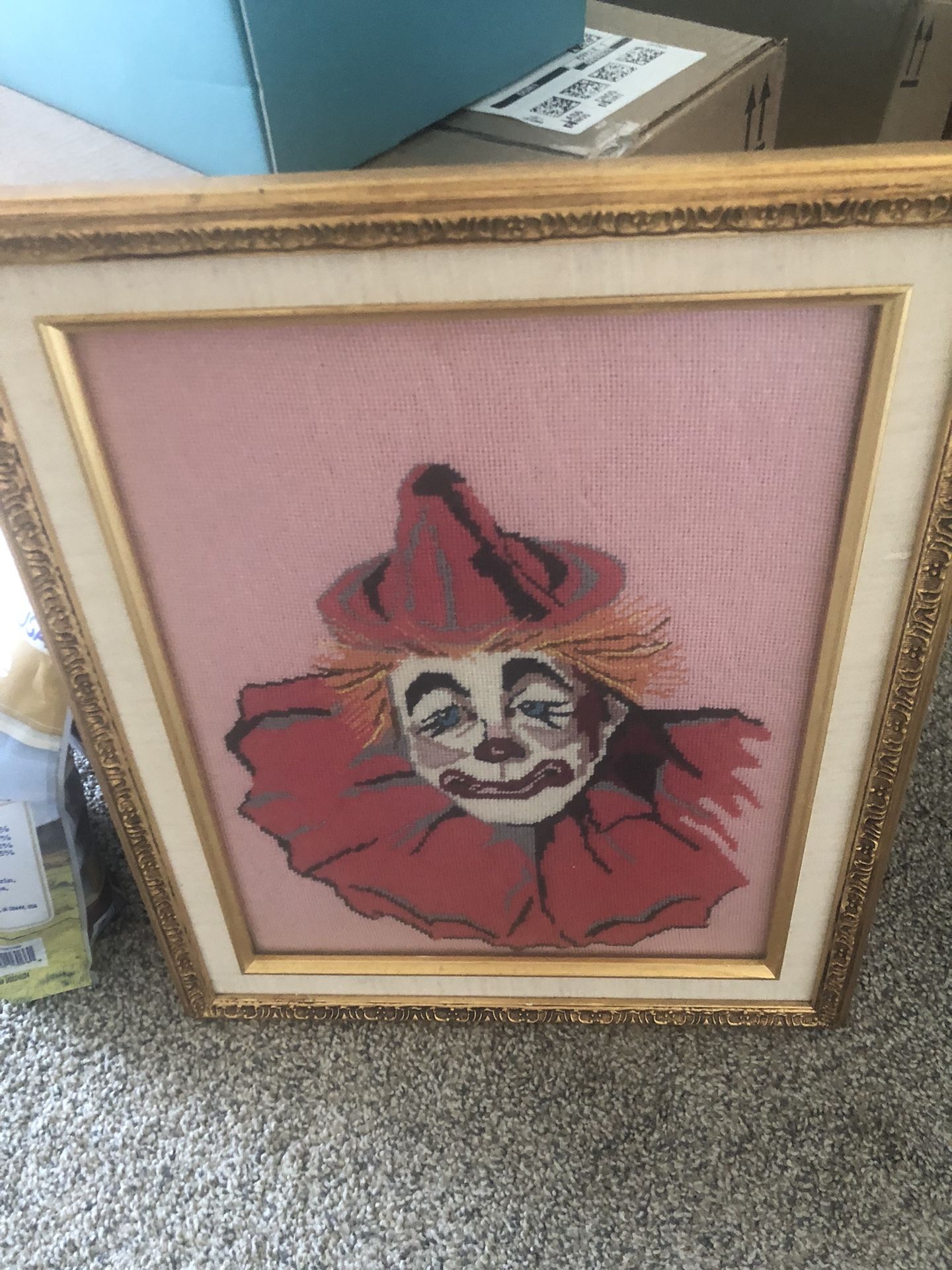 Vintage Cross Stitch Clown Picture Mid Century Framed
