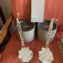 Swarovski Crystal Lily Candle Holders With Added 4 Decretive Lucite Candles & 2 Mirror For Display 4  Decretive