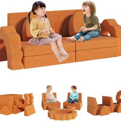 10pcs Modular Kids Play Couch, Child Sectional Sofa, Nugget Couch Large Size, Toddlers Floor Sofa W/Suede Cover, Convertible Foam Cushion Couch for Pl