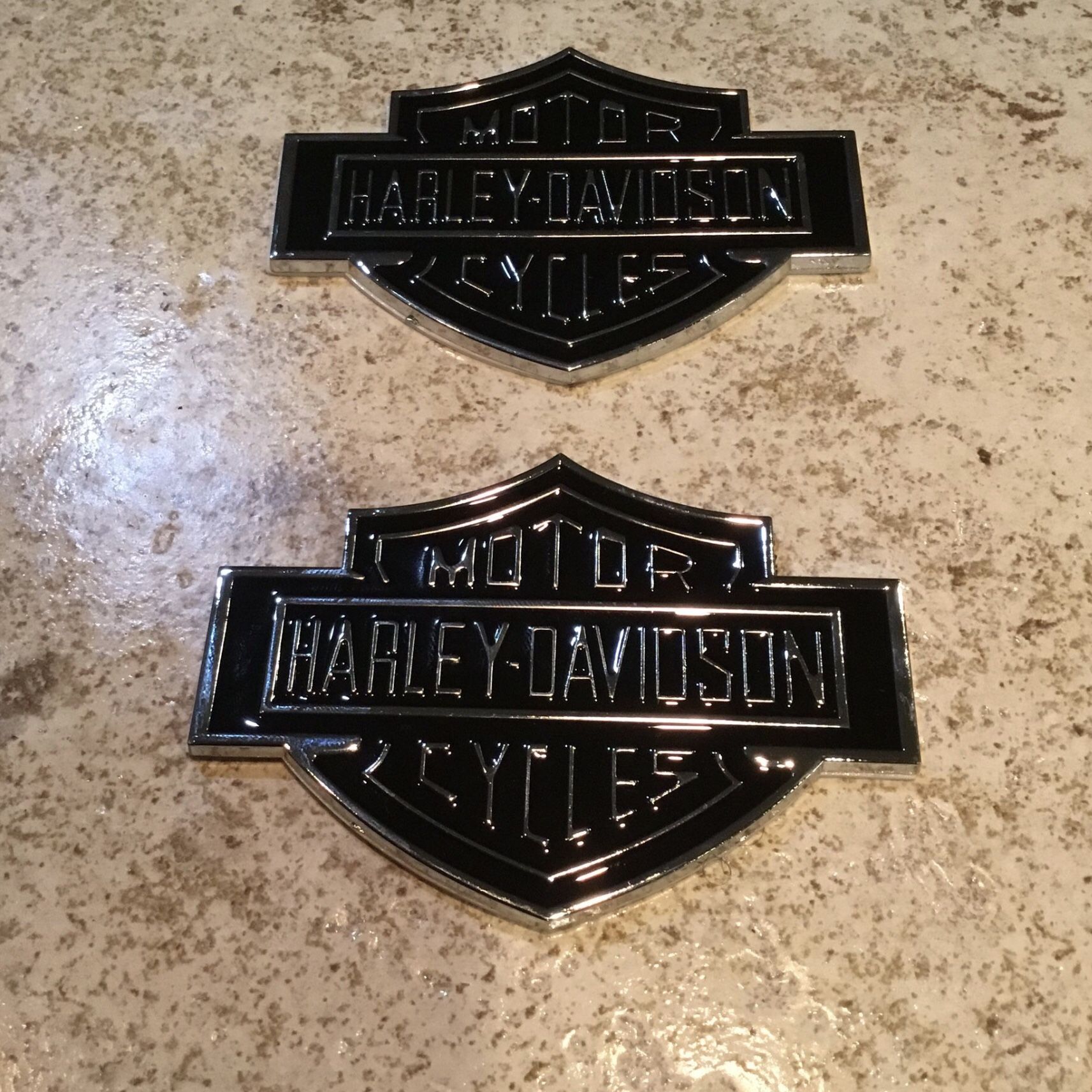 Two Harley Davidson Bar And Shield Motorcycle Emblem Metal Decal Willie G Black & Chrome