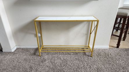 Gold and White Marble Patern Modern/Industrial Style Metal and Wooden Console/Entry/Sofa Table with Shelf. 42"W x 11.25"D x 30"H