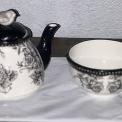 Vintage Black And White Floral Ceramic With Bird Lid And Matching Cup Set