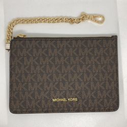 Michael Kors Monogram Coin Pouch - Brown W/ Gold Chain