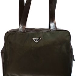 PRADA Nylon Tote Bag Green Khaki, Brown Leather, Women Medium Handbag with Keys