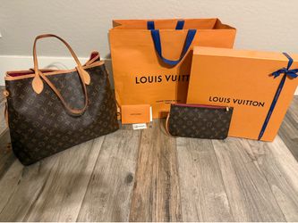 LV Neverfull GM with fuschia interior, zippered pouchette and receipt