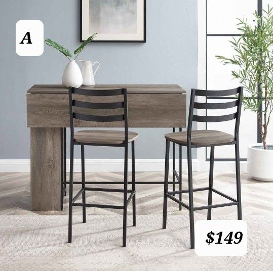 High Top 3 Piece Drop Leaf Counter Table Dining Set with Storage, 48", Grey Wash(New  In A Box)