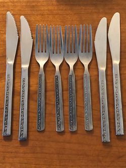 Set of 8 Mid Century Modern Stainless Steel Salad/ Dessert Forks and Knives