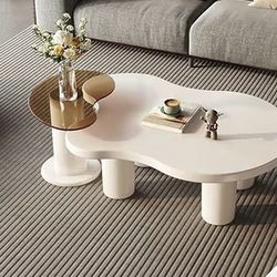 Nesting Coffee Table Set of 2, Modern Irregular Coffee Table & Tempered Glass End Table for Living R