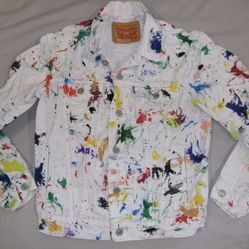 White Levi’s Jean Denim Trucker Jacket Men”s Small Unisex Custom Paint Vibrant