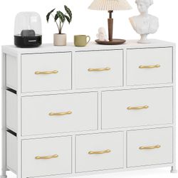 8 Drawers Dresser, Large Fabric Dressers & Chest of Drawers with Sturdy Metal Frame, Wood Top, White  /Black